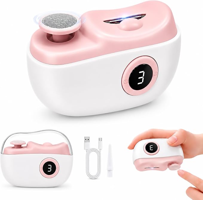 2-in-1 Safe Electric Nail Clippers for Kids, Adults & Seniors, Pink | 3-Speed Rechargeable Electric Nail Trimmer for Thick Nails, Digital Display, LED Light and Clear Anti-Splash Debris Catcher