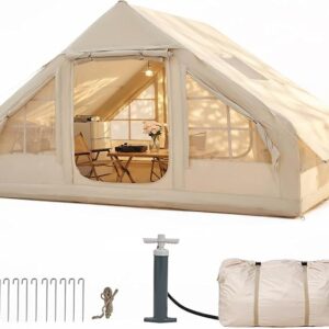Aoxun Inflatable Tent with Pump for 4-8 People, 300 x 210 cm, Winterproof Inflatable Camping Tent with Oven Hole for 4 Seasons, Spacious Air Tent for Glamping and Outdoor Use
