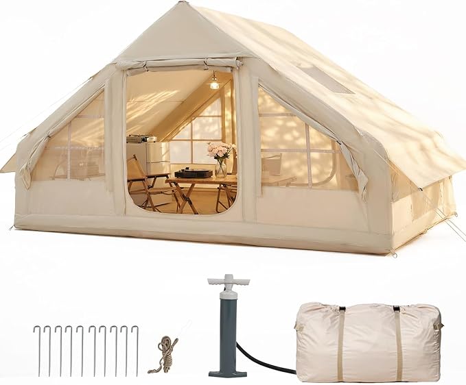 Aoxun Inflatable Tent with Pump for 4-8 People, 300 x 210 cm, Winterproof Inflatable Camping Tent with Oven Hole for 4 Seasons, Spacious Air Tent for Glamping and Outdoor Use