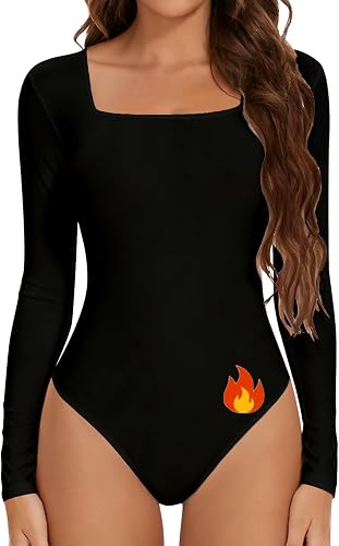 Joyshaper Women Long Sleeve Bodysuit Fleece Thermal Top Square Neck Leotard Jumpsuit Tops Basic Undershirts