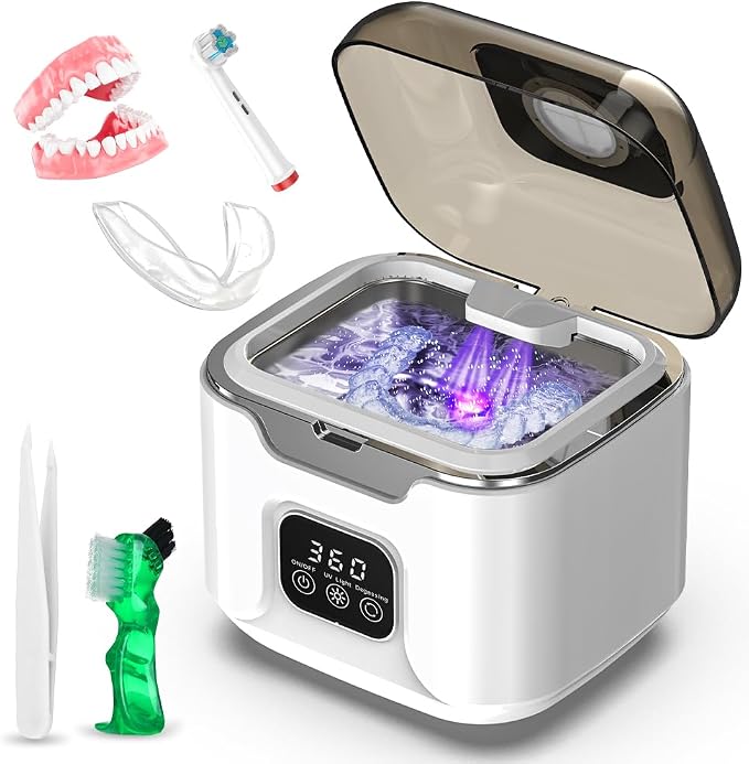 Triler Ultrasonic Retainer Cleaner, 48kHz Dental Cleaning Machine with 240ml Capacity, 3 Timer Modes & Degas Function for Dentures, Aligners, Mouth Guards and Retainers