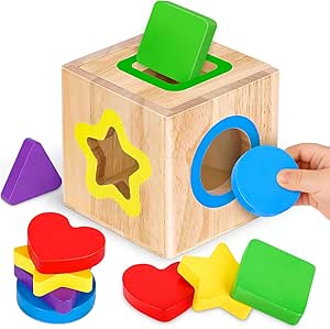 Toddler Montessori Toys for 1 2 Year Old Boys Girls, Shape Sorter Wooden Baby Toys Gifts for 1 2 3 Year Old Girl Boy, Activity Cube Sensory Baby Toy 6 to 12 Months Colour Sorting Stacking for Kids