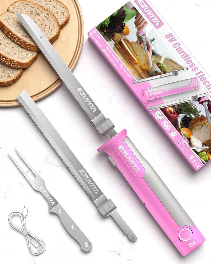 Cordless Electric Carving Knife Set, 8V, 2 Blades and Fork | Removable 2000mAh Battery Pack, Cordless Carving, Meat & Bread Cutting, Safety Lock, Easy Grip