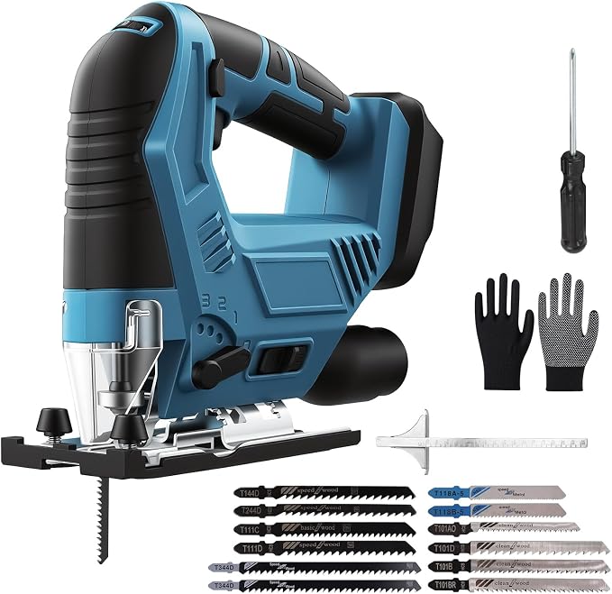 Cordless Jigsaw for Makita 18V Battery, Brushless Electric Jigsaw with LED Light, 6 Variable Speeds, ±45° Bevel Cut, 12 Blades, Wood Metal Plastic Cutter, DIY Power Tool Body Only