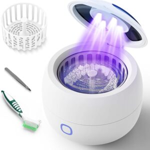 Ultrasonic Retainer Cleaner, ZYREX 45kHz Retainer Cleaner Machine, 24W Ultrasonic Cleaner with 4 Modes for Dentures, Night Guards, Mouth Guards, Toothbrush Heads, Jewelry, 200ML Portable (white)