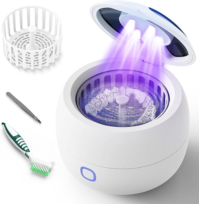 Ultrasonic Retainer Cleaner, ZYREX 45kHz Retainer Cleaner Machine, 24W Ultrasonic Cleaner with 4 Modes for Dentures, Night Guards, Mouth Guards, Toothbrush Heads, Jewelry, 200ML Portable (white)