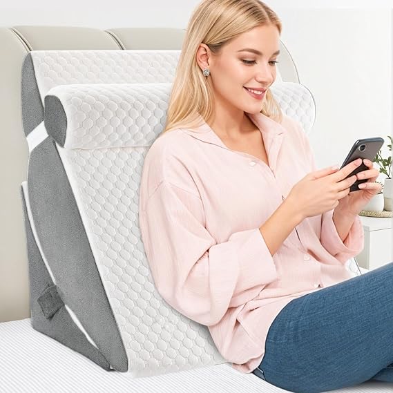 COOLBEBE Bed Wedge Pillow, Soft Memory Foam Wedge Pillow, White&Grey | Headrest Adjustable Incline Cushion for Acid Reflux and Back Pain Relief, Leg Support, Washable Cover