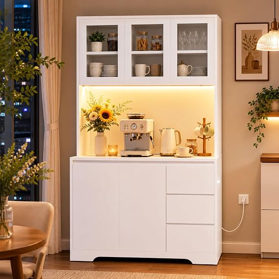 Kitchen Cupboard, Tall Cabinet Kitchen Sideboard Storage Cabinet with LED, Power Outlet, Adjustable Shelves, 3 Drawers, 5 Doors, Large Countertop 100x38.5x180 cm, White