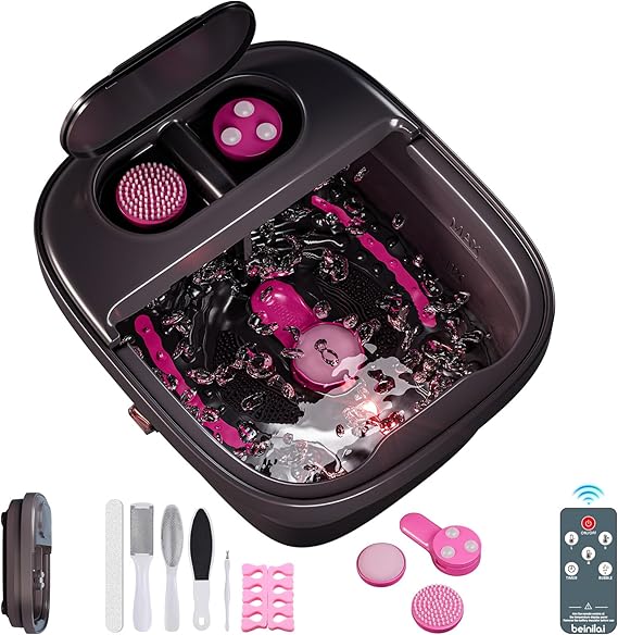 Beinilai Collapsible Foot Spa Massager with Heater,Remote Control,Temp Control,3 Pedicure Attachments,Pedicure Foot Bath with Bubble and Handle for Relive Stress