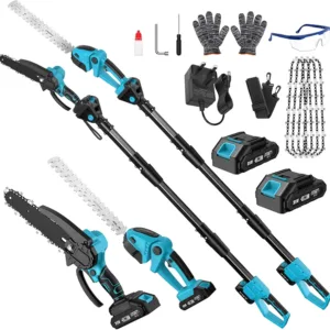Cordless Pole Hedge Trimmer & Chainsaw Set, 2 * 4.0Ah Battery Rechargeable 7.05Ft Extension Pole 550W Pure Copper Motor 0-135° Adjust Angle Long Reach Trimmer Pruning Branch for Fence, Grass Trimmer