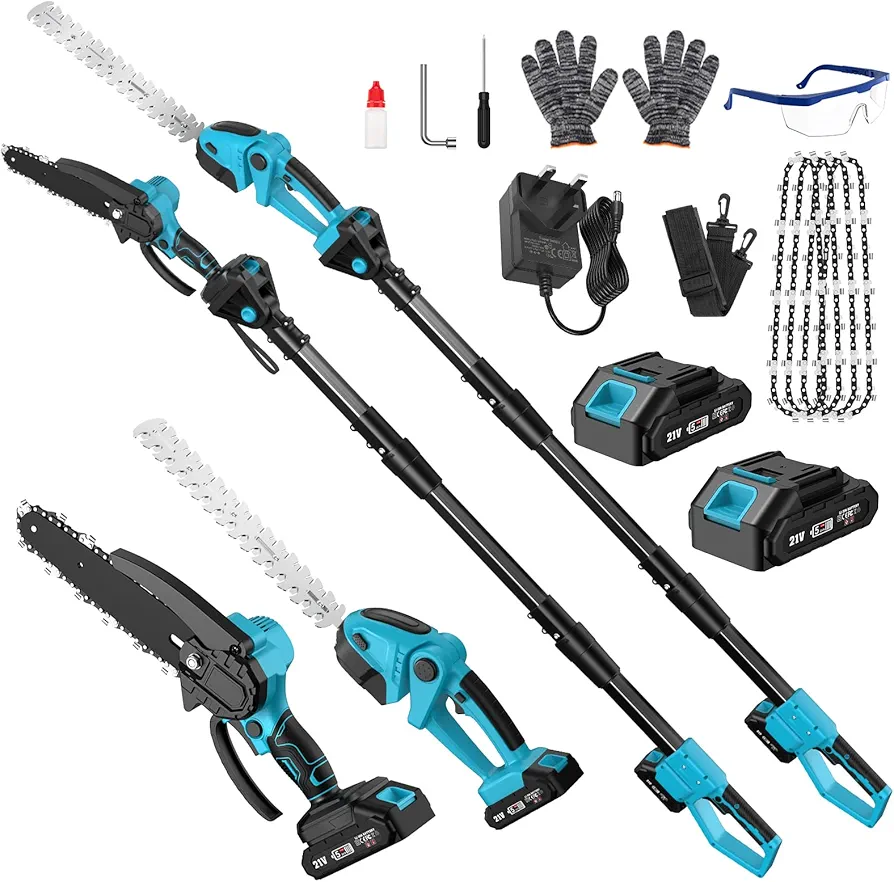 Cordless Pole Hedge Trimmer & Chainsaw Set, 2 * 4.0Ah Battery Rechargeable 7.05Ft Extension Pole 550W Pure Copper Motor 0-135° Adjust Angle Long Reach Trimmer Pruning Branch for Fence, Grass Trimmer