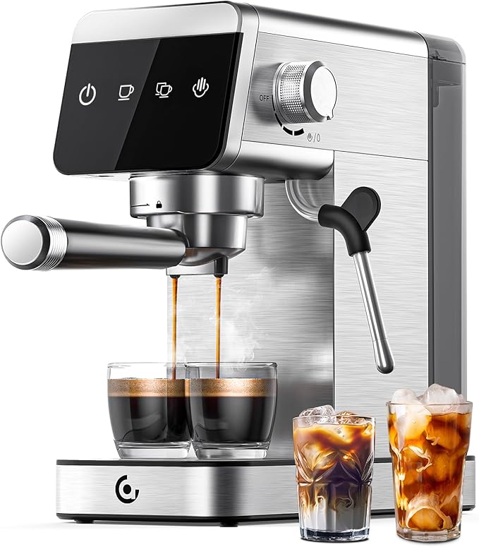 AMZCHEF Coffee Machine 20 Bar, 1350W Espresso Machine, Compact Stainless Steel Coffee Machines with LED Touch Screen, Powerful Steam Wand, Removable Water Tank
