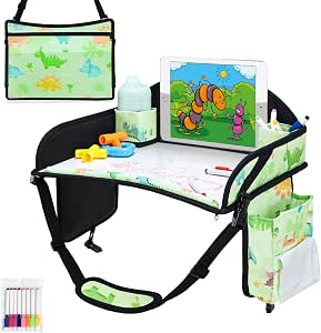 Kids Travel Tray for Toddler Car Seat, Road Trip Activities for Kid | Dry Erase Board, iPad Holder Stand, Adjustable Straps to Prevent Shaking, Multi-Pockets, Portable, Green