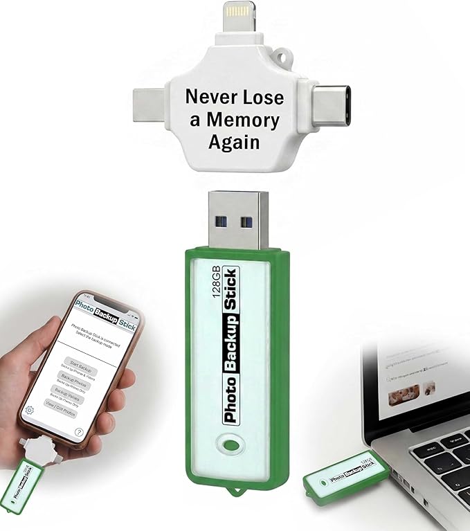 Photo Backup Stick Universal 128GB | Photo Stick for iPhone, Android, & Computers | Backs up Pictures & Videos | Removes Duplicates | Backs Up Multiple Devices Photostick Transfer