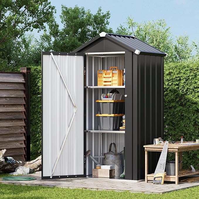 Aoxun 3 x 2ft Metal Garden Shed with Base & Adjustable Shelves, 160cm High Outdoor Storage Shed with Lockable Door, Weatherproof Tool Shed, Space-Saving Garden Cabinet for Patio, Garage, Backyard