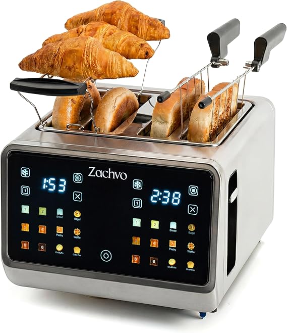 4 Slice Stainless Steel Toaster with Touchscreen & Independent Dual Controls, 1.45" Extra-Wide Slots for Bagels, 6 Bread Modes & 6 Browning Levels, Warming Rack & Sandwich Cage, Auto Shut-Off
