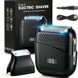 2-in-1 Electric Foil Shavers for Men with Hair Clipper Head, Portable Mini Electric Razor for Beard/Face- IPX7 Waterproof Cordless Razor with 3 Floating Blade, 90-Min Runtime, Fast Charge