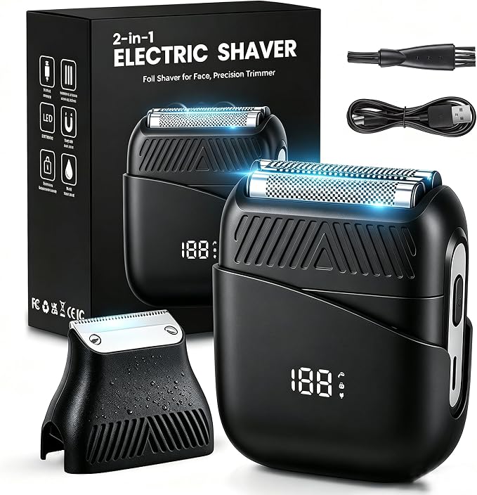 2-in-1 Electric Foil Shavers for Men with Hair Clipper Head, Portable Mini Electric Razor for Beard/Face- IPX7 Waterproof Cordless Razor with 3 Floating Blade, 90-Min Runtime, Fast Charge