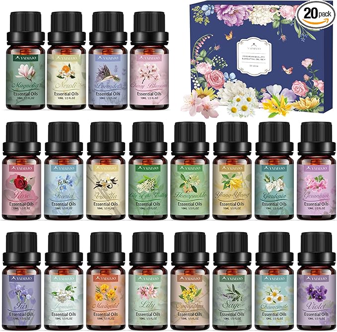 20x10ml Essential Oil Set, Floral Essential Oils for Diffusers for Home | Diffuser Oil Essential Oils Set for Soap Candle Making, Pure Essential Oil for Diffuser, Fragrance Aromatherapy Oil Gift Set