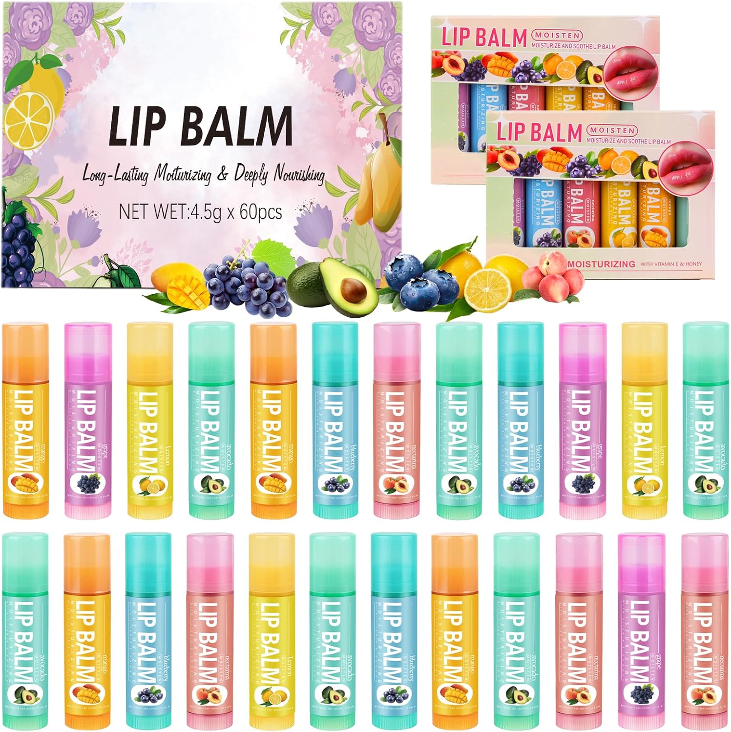 60 Pack Lip Balm Bulk with Vitamin E and Coconut Oil,Moisturizing,Hydrating and Smoothing Lip Balms,Repairing Dry and Chapped Lips,Chapsticks Bulk Gifts for Party Favors,-6 Flavors