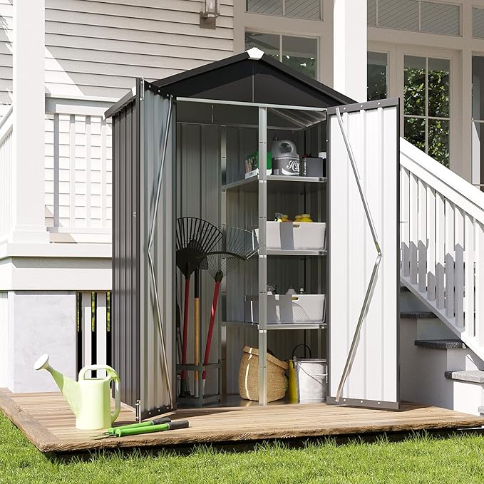 Aoxun 4 x 2ft Metal Garden Shed with Base & Adjustable Shelves, 177cm High with Lockable Double Doors Galvanized Steel Outdoor Storage Shed Weatherproof for Patio Garage Backyard