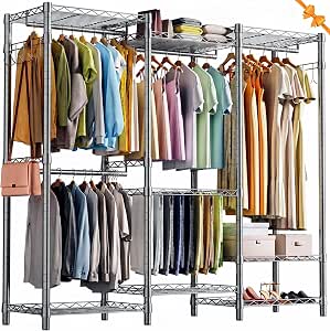 AQRA Clothes Rail for Bedroom, 372kg Heavy Duty Clothes Rail Hanger-Free Design, Open Wardrobe Metal for Hanging Clothes with Adjustable Shelves 4 Assembly Ways, Clothes Rack 172W×38D×194H (Grey)