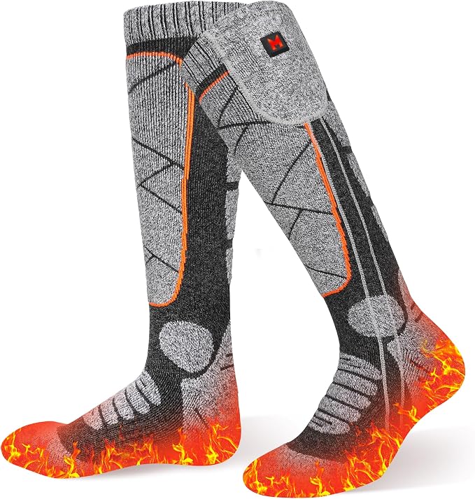 MRAWARM Rechargeable Heated Socks for Men Women (Charcoal Grey/Orange) | 6000mAh Battery, Up to 8.5 Hours, Full Sole Heating, 3 Heating Levels，Keep Warm Dry
