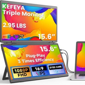 KEFEYA Portable Monitor 15.6", FHD Stacked Foldable Triple Laptop Screen Extender, Blue Filter IPS HDR Monitor, 330° Screen Adjustment, USB-C/HDMI Plug-Play Second Monitor for Mac Windows Work Travel