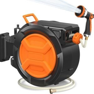 Garden Hose Reel 1/2" x 30+2m Retractable Hose Pipe Reel & Wall Mounted Hose Reel with Auto Rewind & 180° Swivel, Any Length Lock, 10-Pattern Spray Nozzle Hose Reel for Garden, Patio and Car Washing