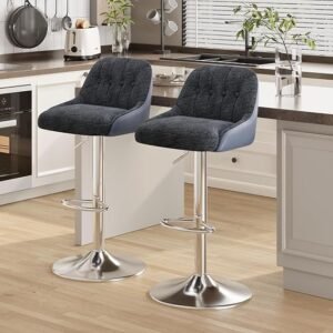Adjustable Bar Stools Set of 2, Swivel Counter Stools with Backrest, Chenille & Faux Leather Upholstered Bar Chairs, Height Adjustable Kitchen Breakfast Bar Stools, Chrome Metal Base,Blue