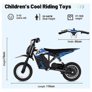 RCB R9X Electric Motorcycle Kids, 12 inch Pneumatic Tires, 5.2Ah Battery, Ride On Electric Motorcycle with 3 Speed Modes 5/7.5/15.5MPH, Range 10.5 Miles, Moto Crossbike for Kids (blue)